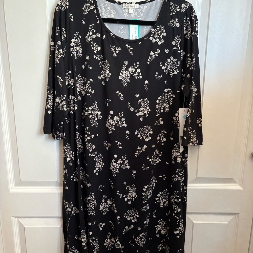 Nine Britton Skylee Brush Knit Dress Black Floral 3/4 Sleeve 1X New